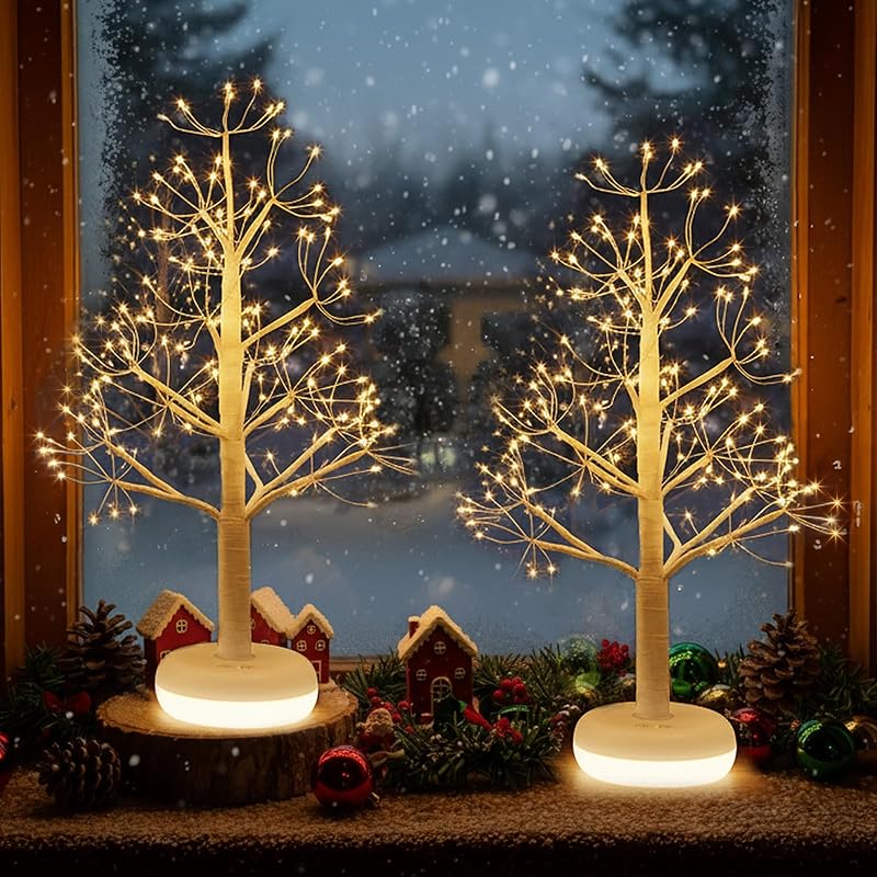 PEIDUO Artificial Tree for Easter Decorations, 2 FT Birch Tree with LED Lights, Warm White Fairy Lights Spirit Tree Lamp for Home Indoor Tabletop
