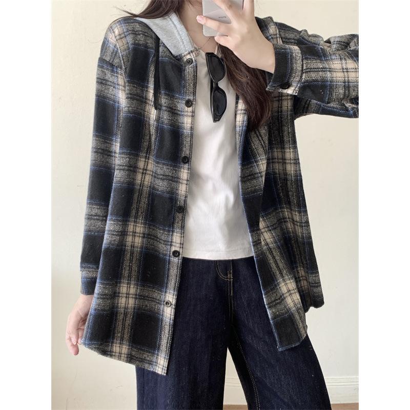 The real shot is not reduced, American retro hooded plaid shirt autumn new loose fake two-piece shirt casual coat