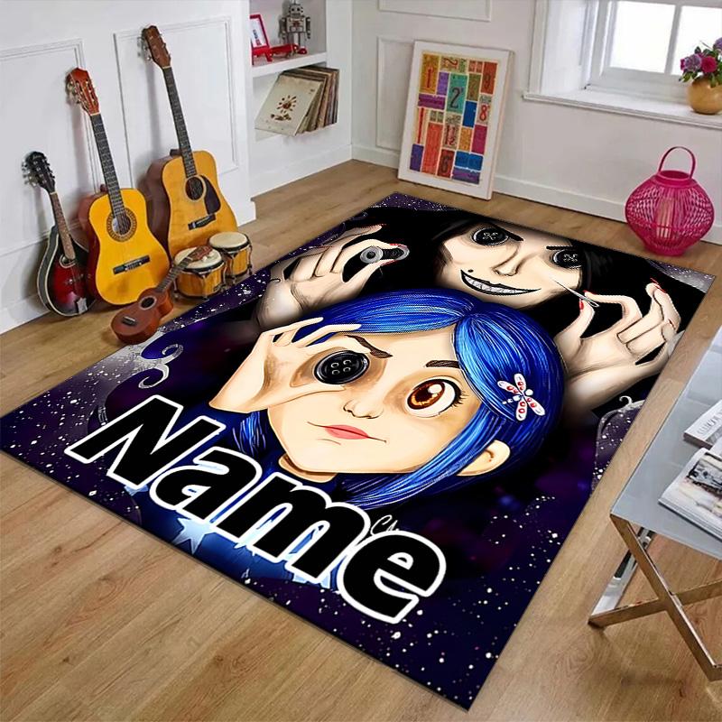 Custom Coraline Mat Personalized Name, Polyester Washable Indoor Entryway Rug, Gift for Christmas, Easter, Thanksgiving Day