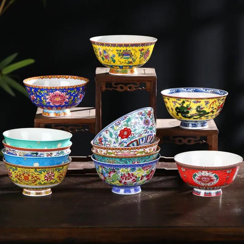 New Chinese Style Ceramic Bowl Enamel Colored Rice Bowl Kitchen Dish Set Bone Porcelain Household Bowl salad bowl set