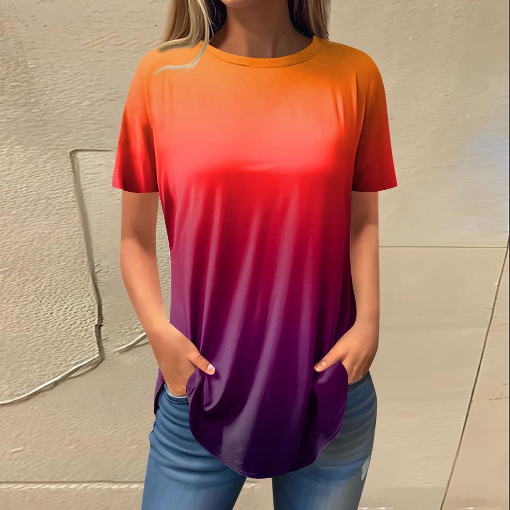 Women's Fashion Casual Round Neck Gradient Printed Short Sleeve Pullover T-Shirt Top