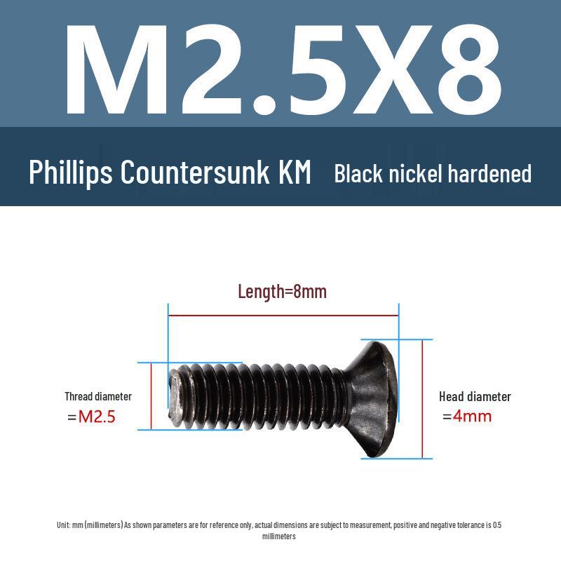 Yigu Uhlíková ocel Černý nikl Kalené KM Šrouby s plochou hlavou Phillips M2-M4 pro elektroniku
