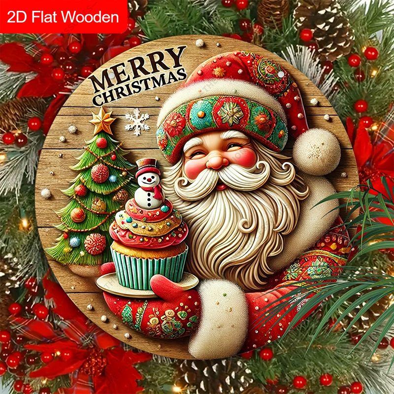 Santa Claus Cupcake Merry Christmas Round Wooden Hanging Sign, 2D Flat Printed Embossed Christmas Door Wall Ornament, Xmas Home Decor Gift