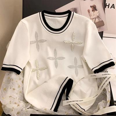 Lce Soie O-cou Perles T-shirts Mode Doux Tricoté À Manches Courtes T-shirt D'été Lâche Hauts Noirs Femmes