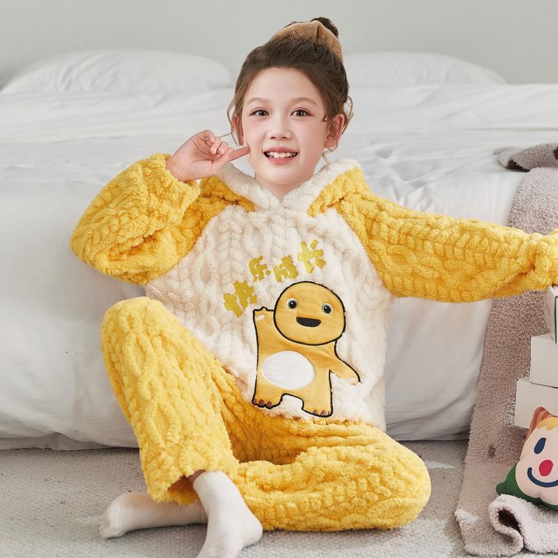 Girls Coral Fleece Pajama Set With Hooded Cartoon Character Design Winter Warm Sleepwear Kids 8 Years