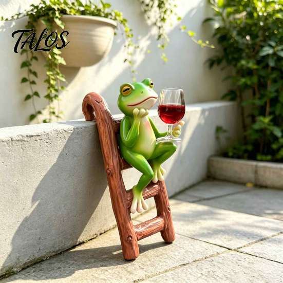 Creative Home Decor Items Resin Frog on Ladder Statue, Funny Holding Wine Glass Figurine, Whimsical Desk Accessories Garden Plant Pot Hanging Ornament