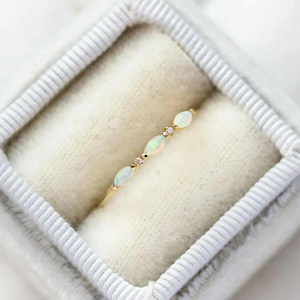 Women’s Dainty Opal Ring In Gold Plated Band – Marquise Opal Stones with CZ Accents, Delicate Stacking Jewelry Gift for Her