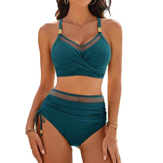 2Pcs/Set Women Summer Bikini Set V-Neck Sling Bra High Waist Side Drawstring Swimming Trunks Set Pool Vacation Wear