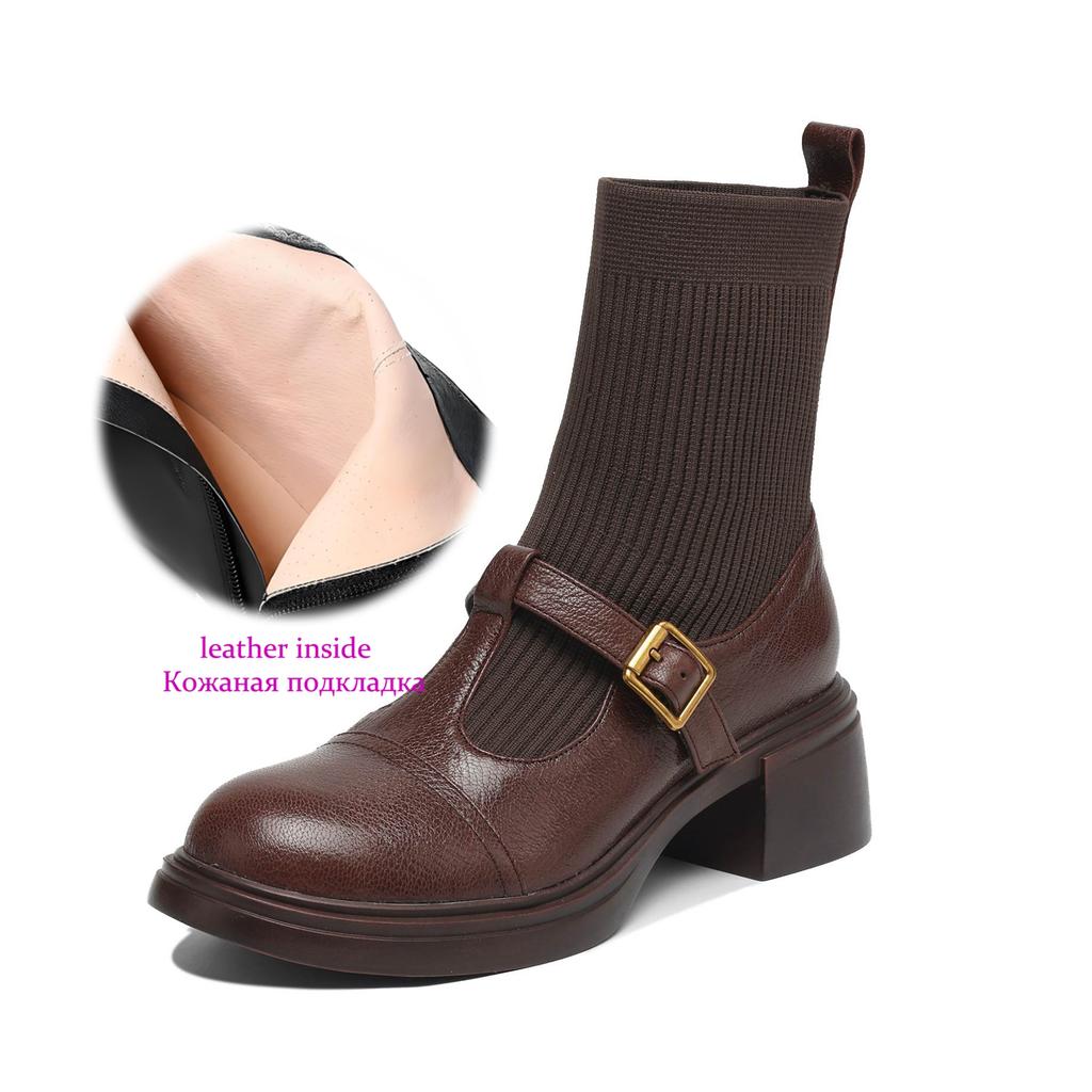 Krazing Pot Cow Skin Round Toe Chunky Heels Stretch Boots Size 42 Women Metal Buckle Knitwear Ankle Boots