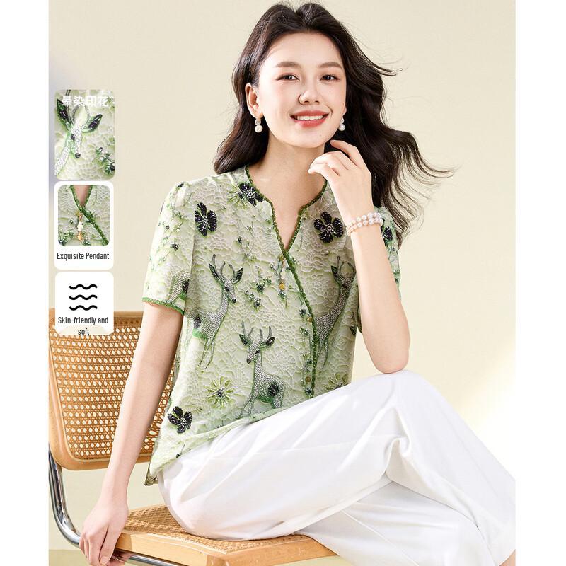 Meilannie New Chinese Style Floral Deer Print Shirt XL