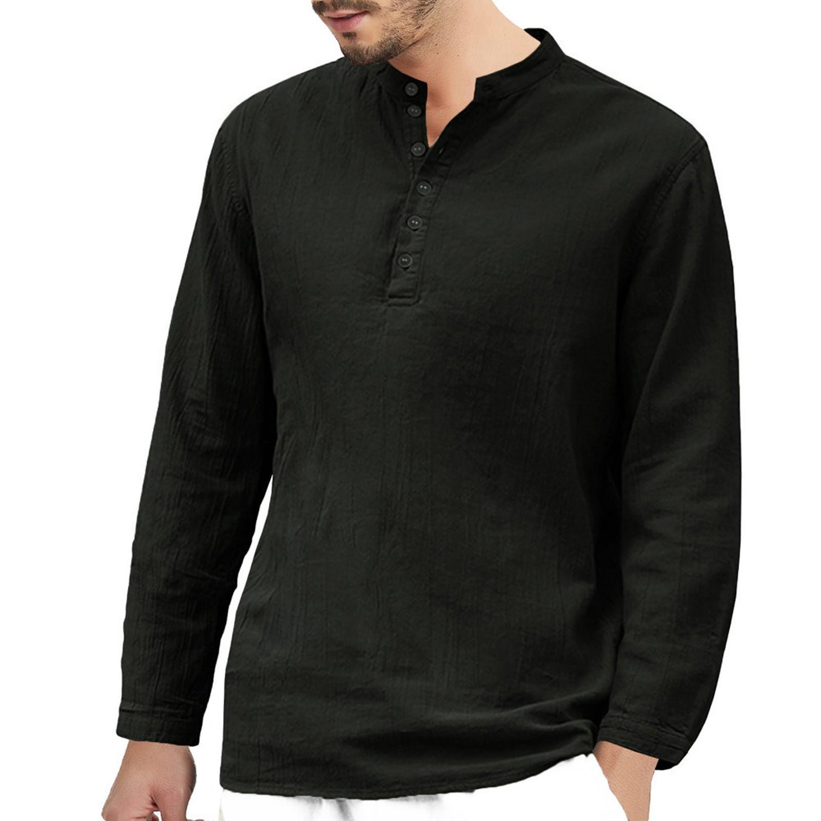 

(SU)Мужские мешковатые хлопковые льняные рубашки с длинными рукавами и пуговицами в стиле ретро, ​​футболки с v-образным вырезом, топы, блузки M чёрный