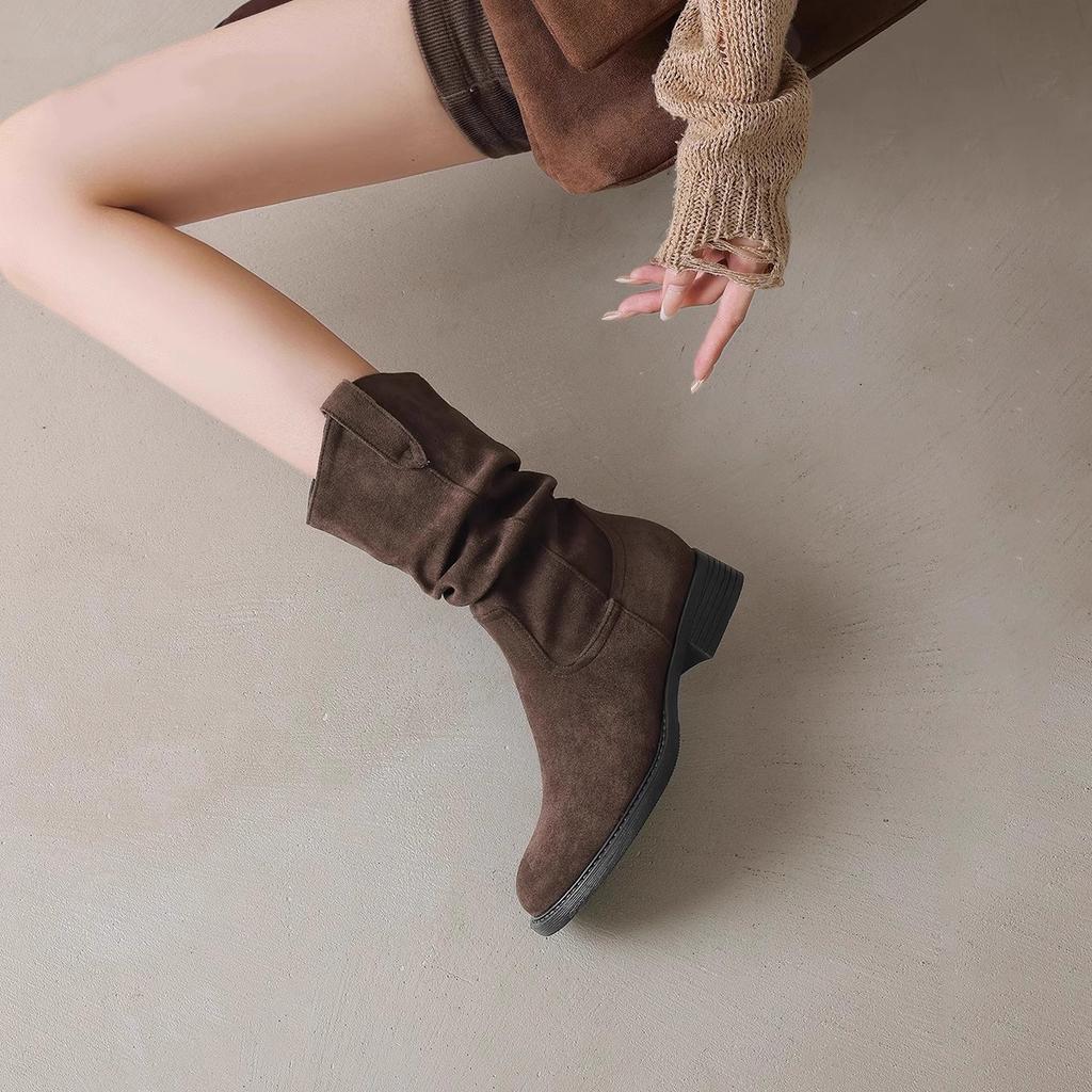 Cowhide Western Cowboy Pile Boots Women's Autumn and Winter New Leather Retro Thick Heel Martin Boots Women's British Style Boots