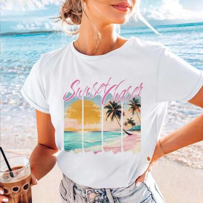 Trendiges und Süßes 90er Jahre Kurzarm Strand T-Shirt Lässiges Oberteil Kleidung Beliebtes Bedrucktes Muster Sommer Damen Bedrucktes Reise T-Shi