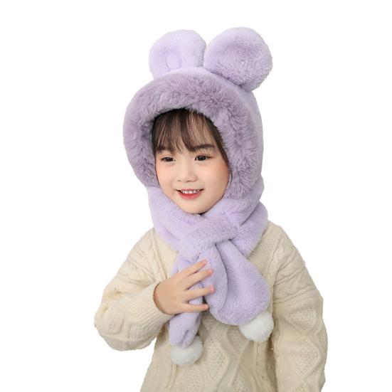 Children Hat with Bear Ear Decoration Solid Color Thickened Plush Warm Hat Scarf Set Kids Cold Weather Hat