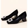 High heels temperament soft leather mother shoes 2025 new professional single shoes rhinestone square head black French light mouth single shoes