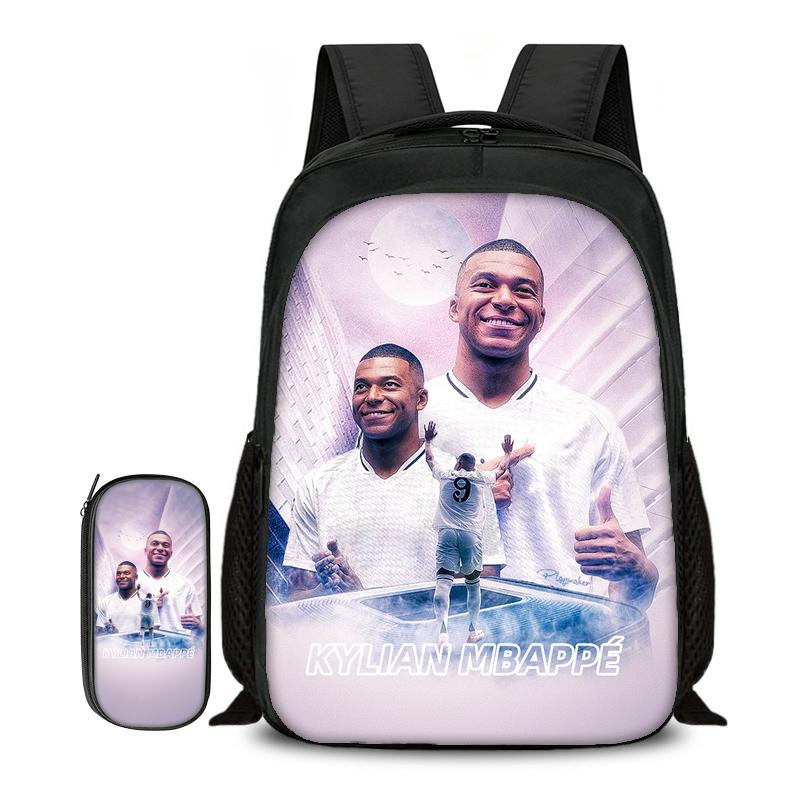 2-delige Set Boekentas Etui Schooltassen M-Mbappe Kinderen School Dubbellaags Rugzak Voetbalster Voetbal Sport Mochila