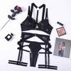 Women Strap On Lingerie Set Underwire Bra Garter Belt Leg Loops Strappy Splicing Nightwear Black S