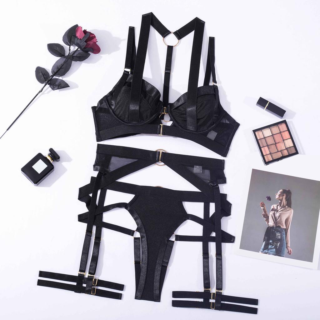 Women Strap On Lingerie Set Underwire Bra Garter Belt Leg Loops Strappy Splicing Nightwear Black S
