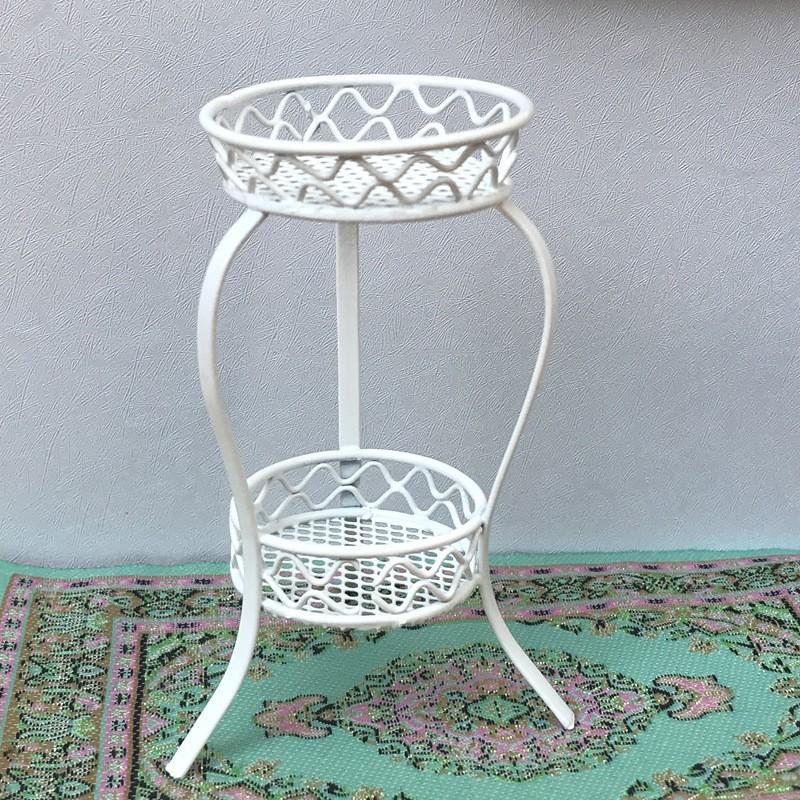 [J] 1Pcs 1:12 Dollhouse Mini Iron Double Layer Flower Stand Round Storage Rack Simulation Miniature Model Doll House Accessories
