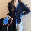 Color Block V Neck Long Sleeve Knit Top Women Spring New Single Breasted Design Slim Fit Versatile Blouse