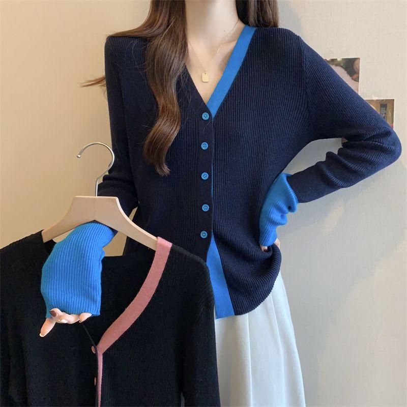 Color Block V Neck Long Sleeve Knit Top Women Spring New Single Breasted Design Slim Fit Versatile Blouse