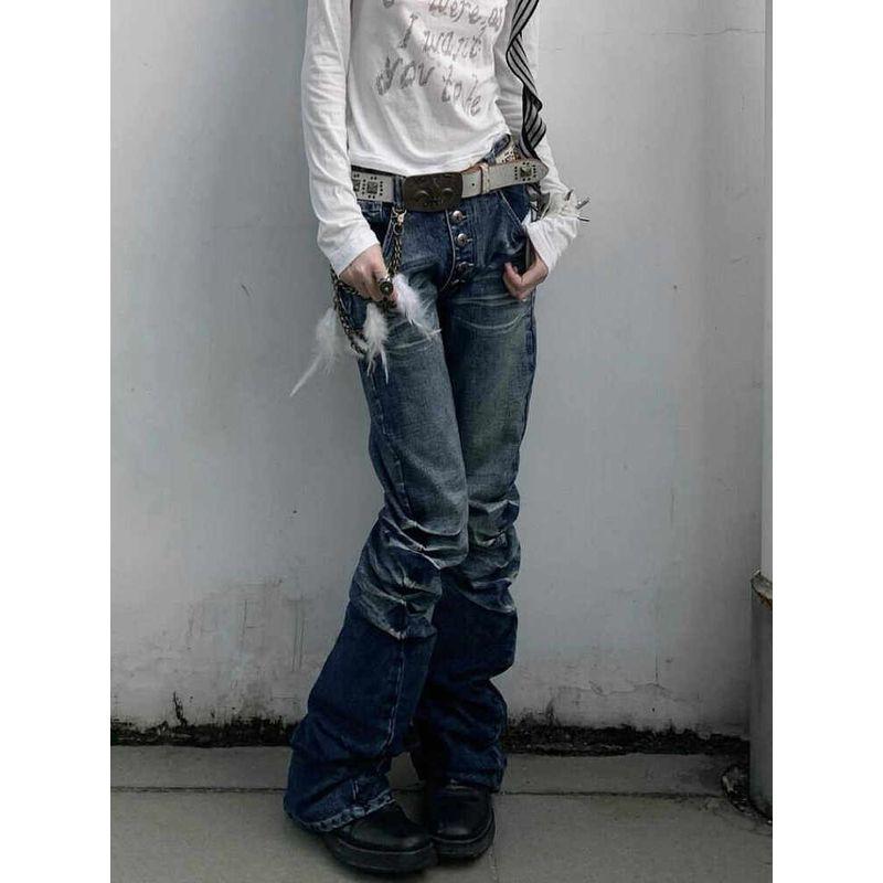 

Plus Size American Retro Washed Corrugated Micro-Pull Denim Female New Arrival Sexy Breasted Ruched Straight-leg Slimming Trousers Blue L [Recommendation 52.5-60kg]