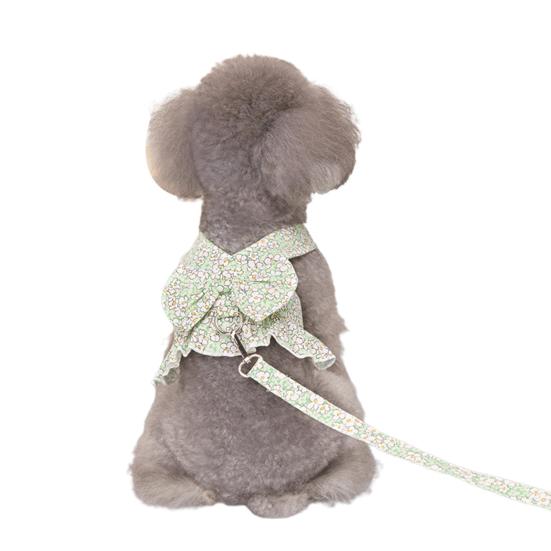 Yousheng Pet Dress Breathable Ruffle Trim Polyester Fashion Bowknot Floral Printing Puppy Dress Harness for Outdoors