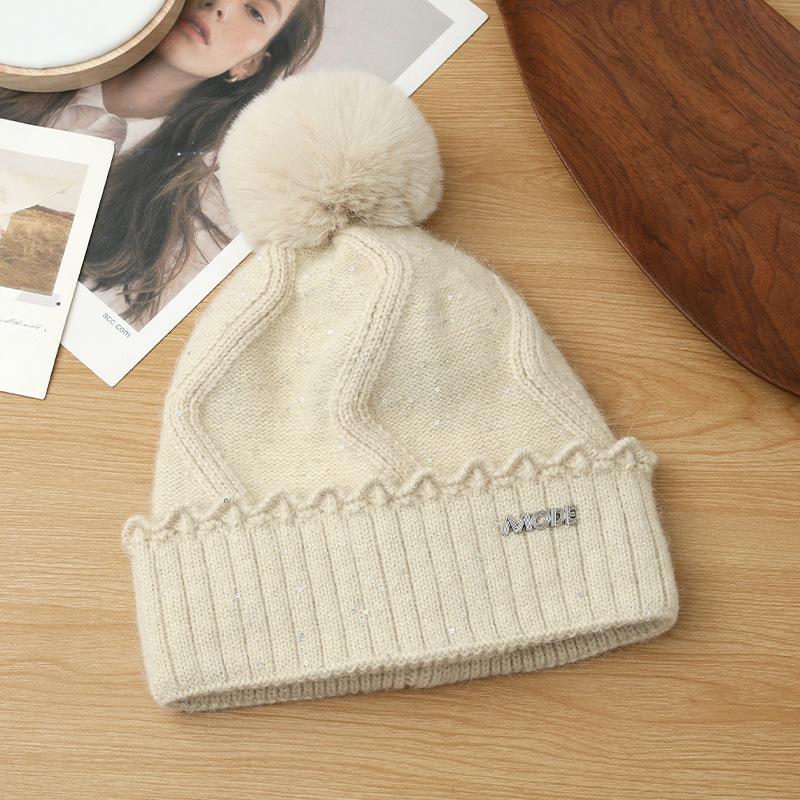 

Универсальная шапка из кроличьего пуха с пайетками и кружевом, корейская версия, большой обхват головы, ветрозащитная шапка с защитой ушей, осенне-зимняя повседневная теплая шапка One Size