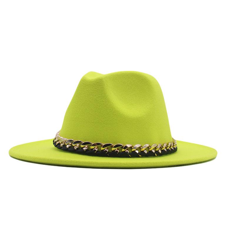 European, American Autumn and Winter British Style Fashionable and Elegant Flat-brimmed Big Eaves Hat Top Hat Men and Women Chain Jazz Woolen Hat