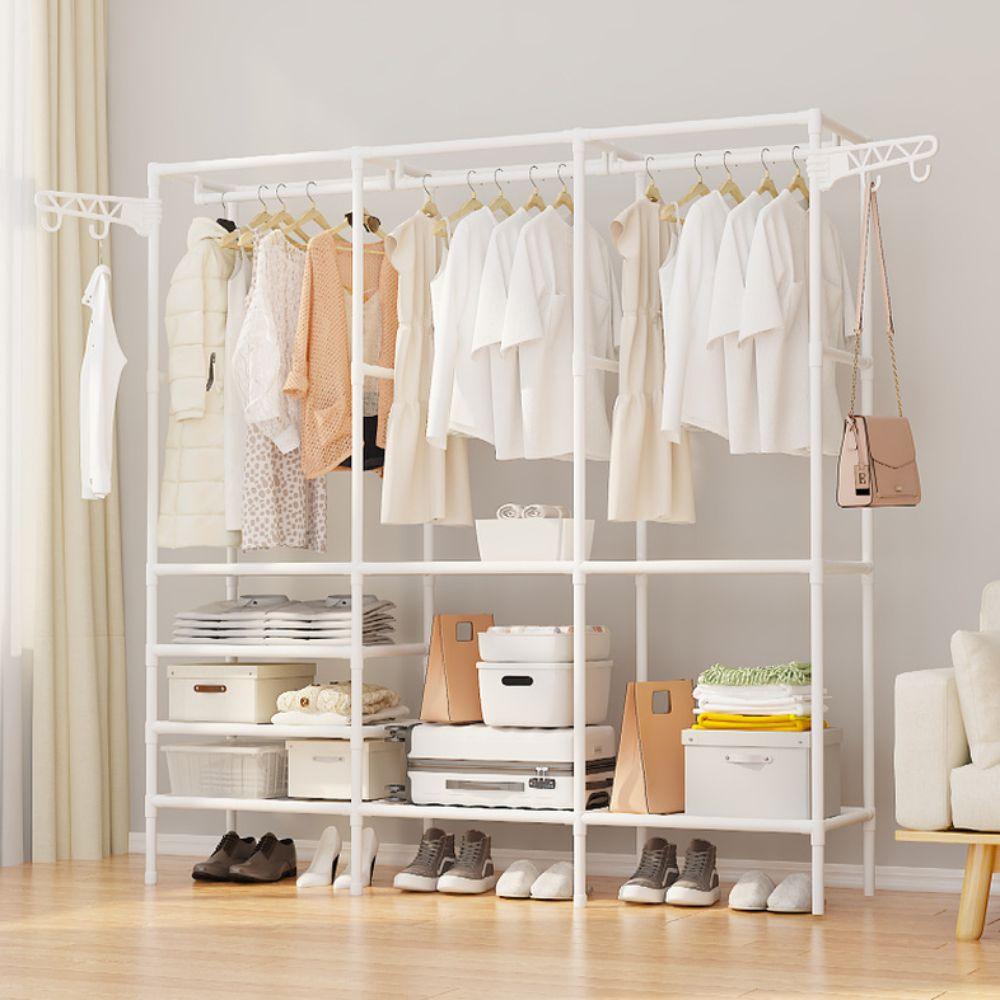 Household Coat Stand Double-Row Floor Hanger Durable Storage Wardrobe Bedroom Floor