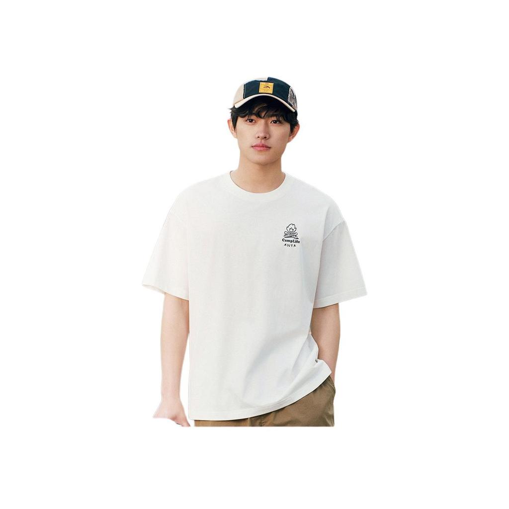 Anta Comfortable Loose Casual Letter Print Round Neck Versatile Simple Moisture Wicking Short Sleeve T-Shirt Men Tops Ivory 952528102-1