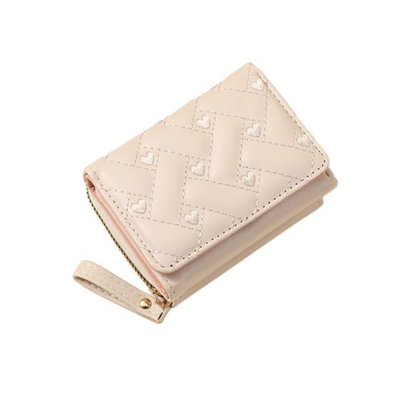 Women Stylish Tri-Fold Wallet Embroidered Heart Cash Wallet Mini Card Holder Wallet with Zippered Coin Pocket for Dating Shopping