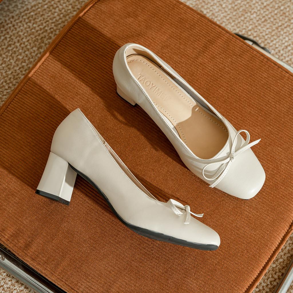 Leather commuter thick heel low heel single shoes women's versatile soft leather comfortable not tired feet work shoes bow high heels