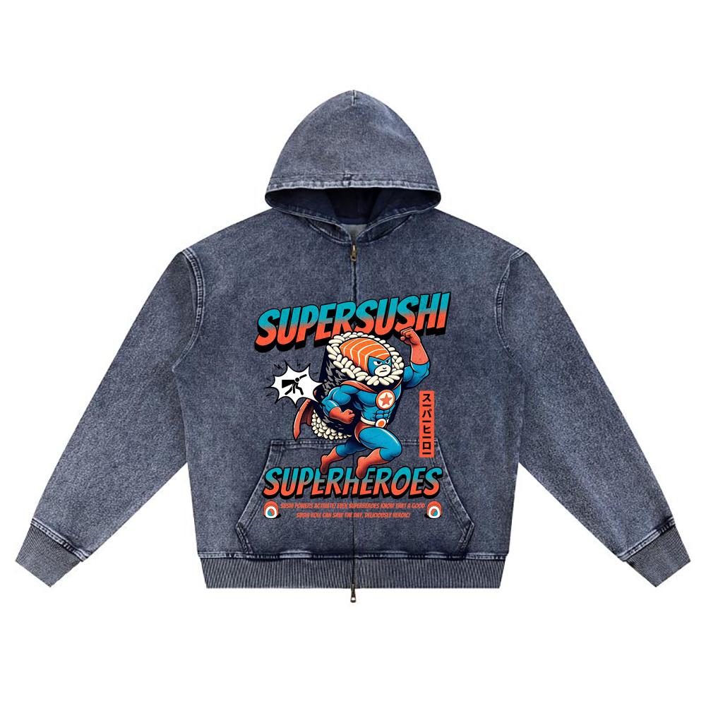 

DTG print Knitted Denim Zip-Up Hoodie Super Sushi Hero Japan Comic Superhero Food Brother Print Zipper Hoodies XL темно-синий
