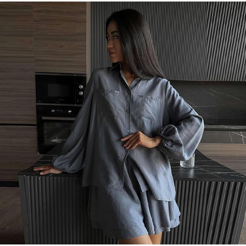 2024 Summer Women's Long-sleeved Tops Ruffled Shorts Casual Fashion Suits