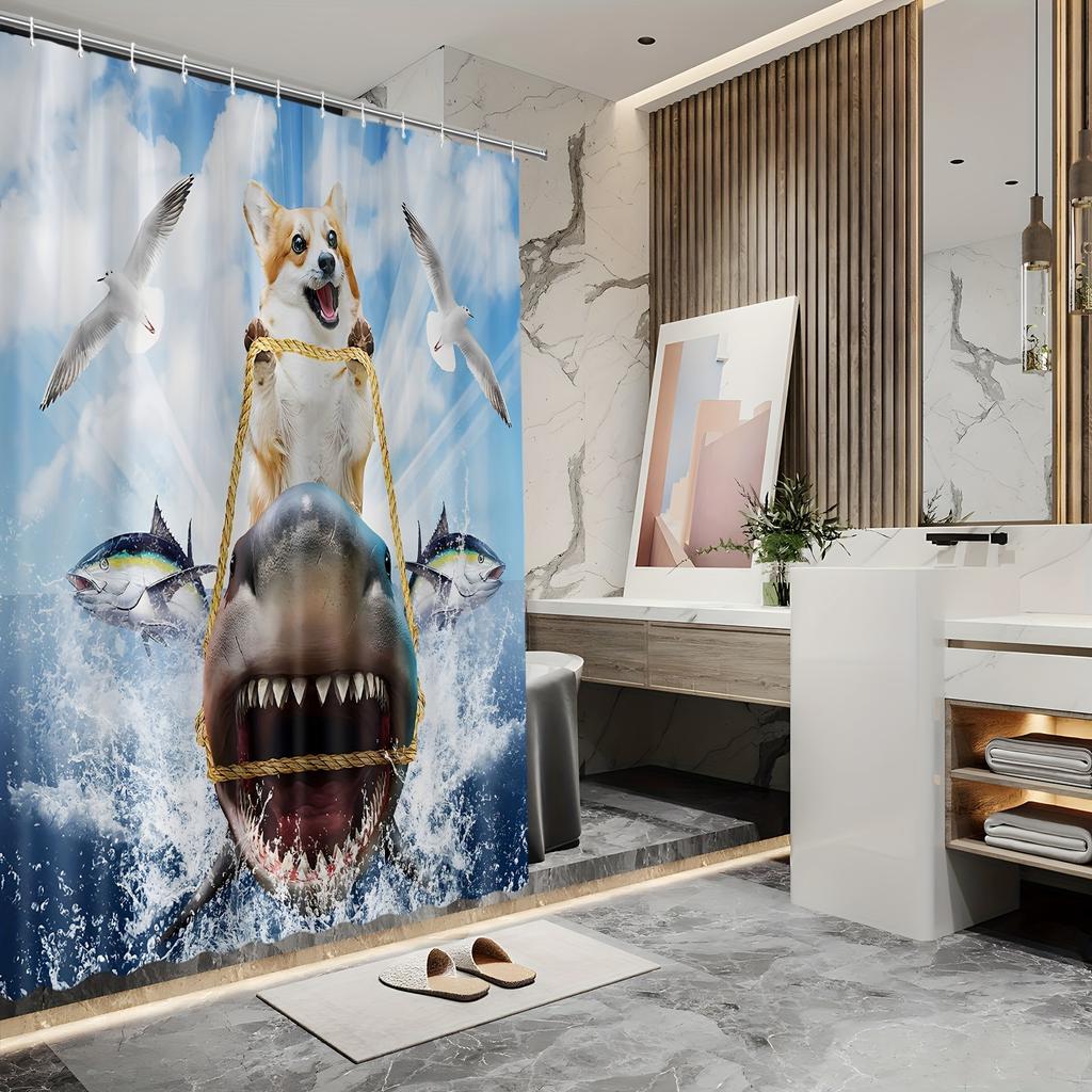 Adventurous Dog on Shark Bath Curtain - Fun & Quirky Design, Waterproof Home Decor Adds Playful Charm to Your Bathroom