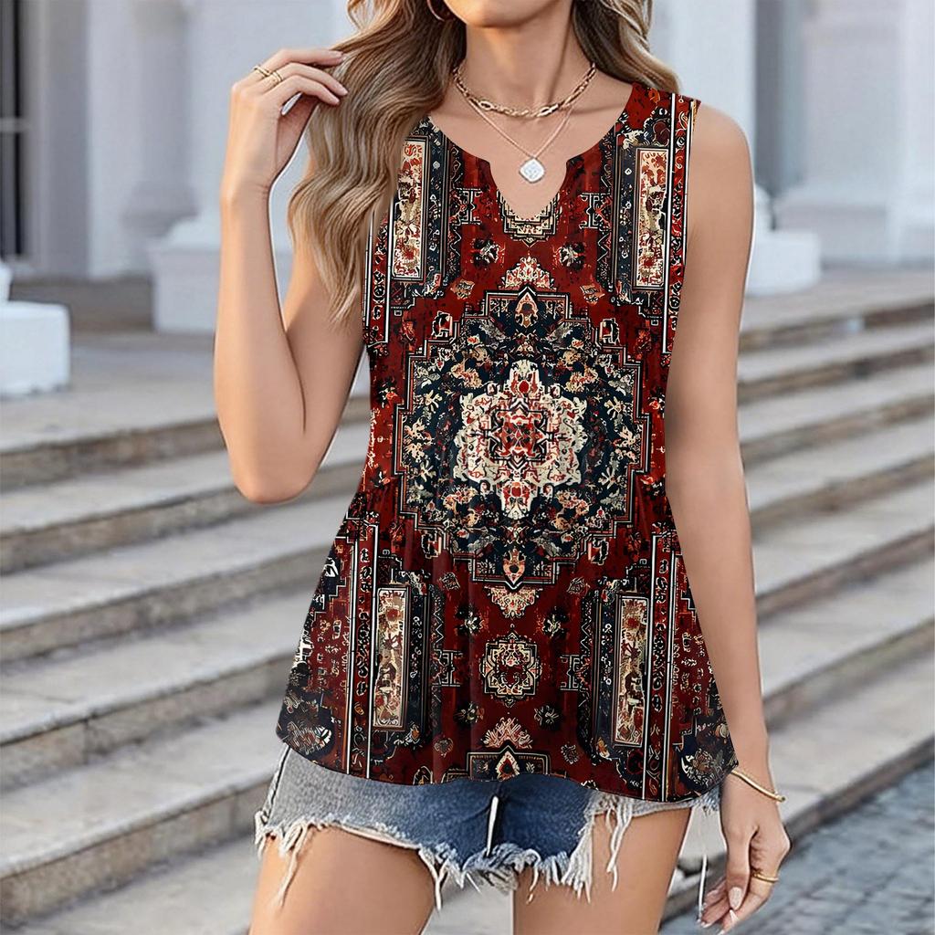 Women's Fashionable New Retro Floral Textured V-neck Loose Casual Flowy Sleeveless Vest Top