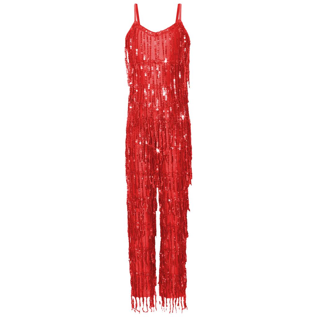 Girls Disco Latin Dance Jumpsuit Multi Layer Shiny Sequin Tassels Sleeveless Adjustable Straps Long Pants