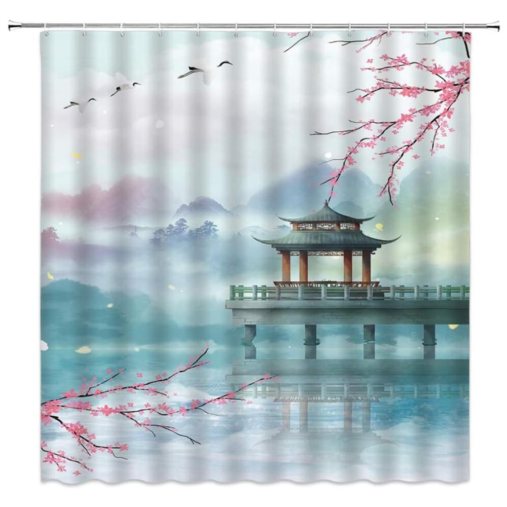 Landscape Shower Curtain Spring Season Pink Flower and Pavilion Scenery on Lake Chinese Style Bathroom Decor Hanging Curtain with Hooks