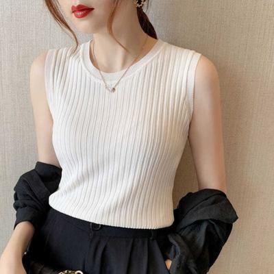 Damen Unifarbener Eisseiden-Strick-Camisole-Top Sommer Ärmelloses Kurzes Weste Slim Fit Sexy Tanktops