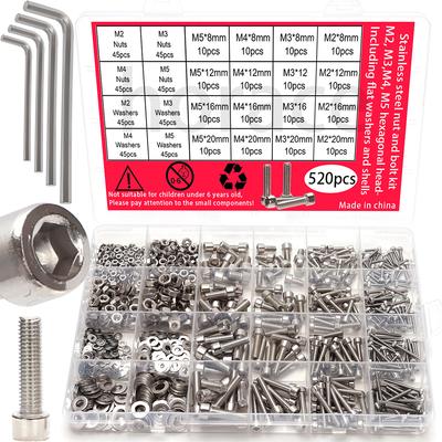 520 PCS Stainless Steel Hexagon Nut and Bolt Combo Set - M2,M3, M4, M5,  Hex Heads - Includes Flat Washer Wrench