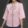 Women Retro Print Casual V-Neck Loose 3/4 Sleeve Blouse