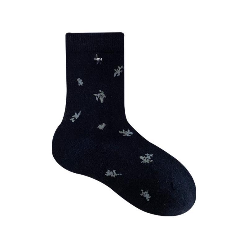 Women's Khaki Wool Mid-Calf Socks - Autumn/Winter Floral Scrunch, Cashmere-Blend, Thick & Warm