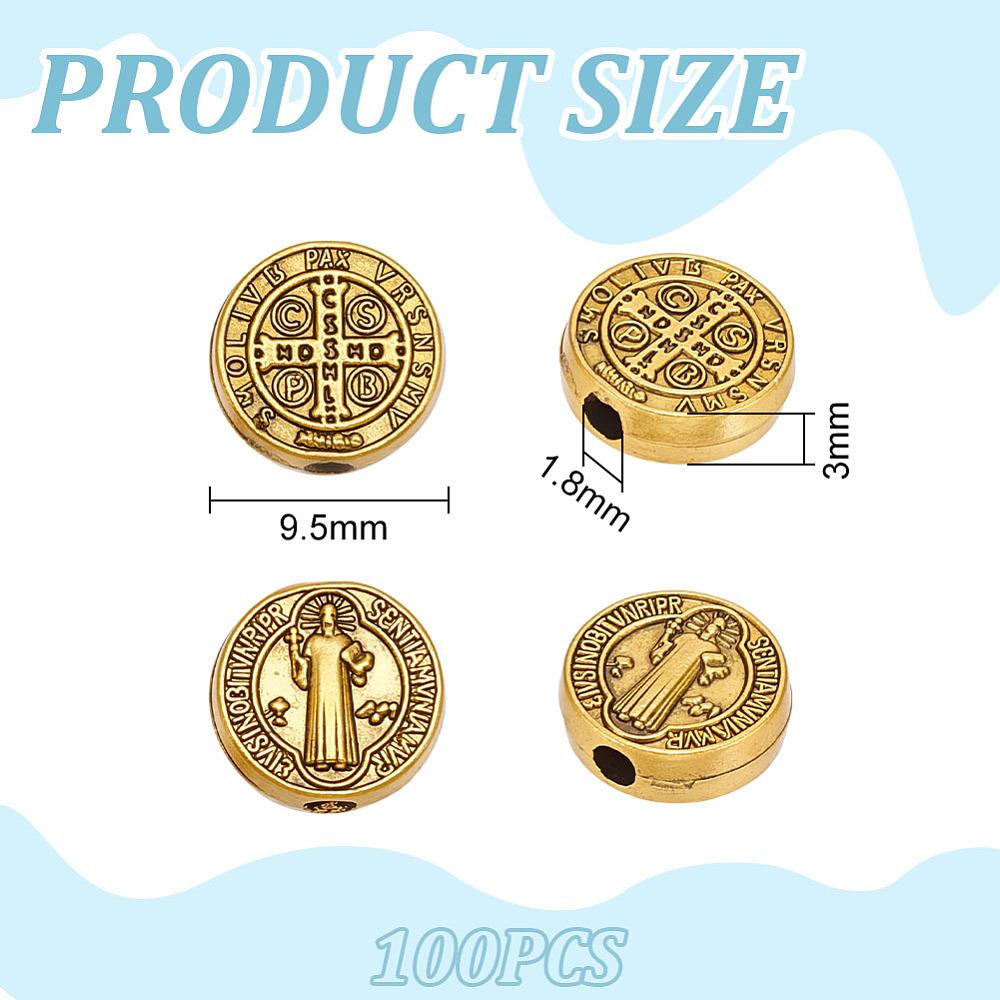 100Pcs Tibetan Style Alloy Beads, Flat Round with Saint Benedict Pattern, Antique Golden, 9.5x3mm, Hole: 1.8mm