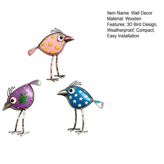 3 Pcs Colorful Wooden Bird Wall Decor Set, Cute Cartoon Bird Ornaments with Polka Dots, Weatherproof Metal Bird Signs