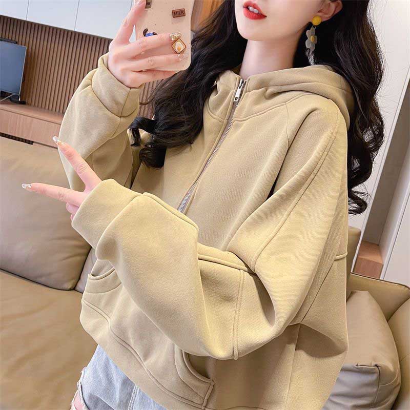 Sweatshirt for Women Cotton Solid Color Hooded Thickened Loose Round Neck Casual Pullover Long Sleeve Top Sweatshirt