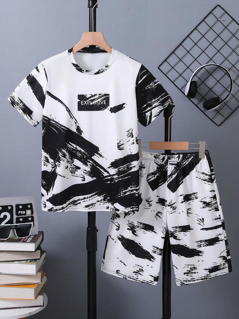 2-delige set voor jongens (Grote kinderen) - Trendy en Coole Graffiti/Inkt Schilderij Print - Eenvoudige en Casual Korte Mouw Top en Short Set voor Lente/Zomer.