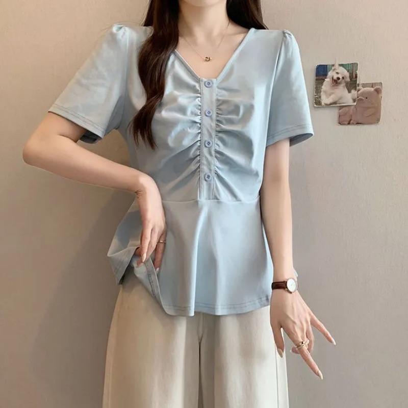 Women s White V Neck Front Ruched Button Short Sleeve Peplum Hem Blouse L синий