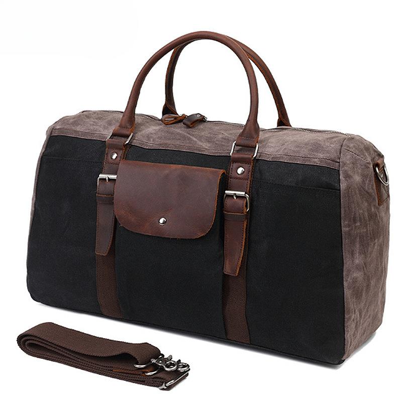 Bolsa de Viaje de Lona Encerada al Aceite Impermeable Casual Bandolera con Bolso de Hombro de Cuero Bolsa Deportiva para Hombre negro