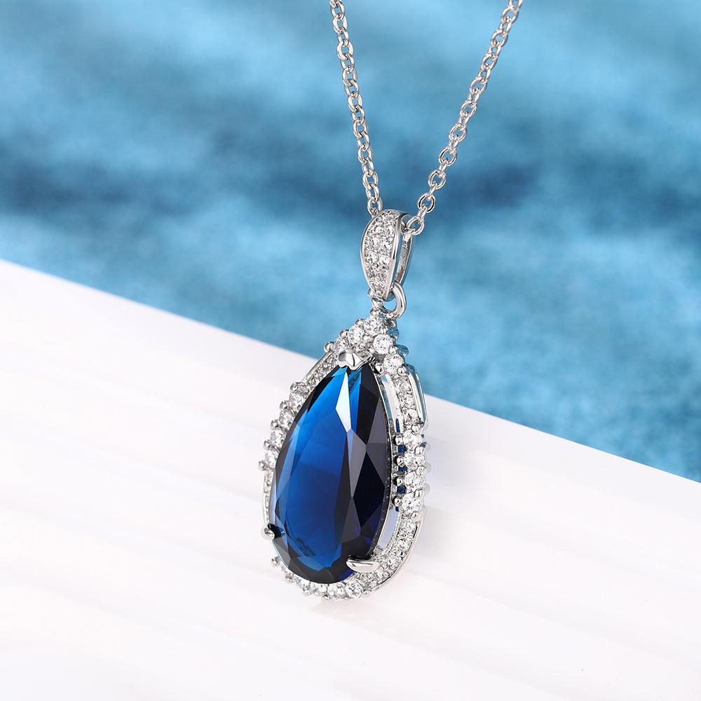 Silver Plated Teardrop Blue CZ Halo Pendant Necklace, Elegant Cable Chain Necklace for Women
